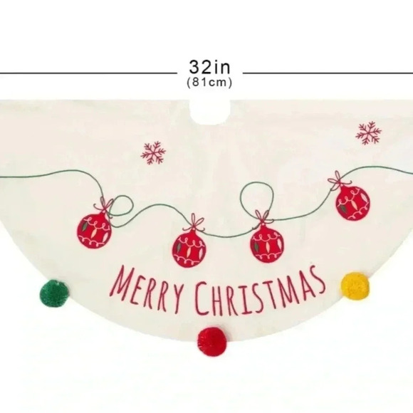 Cream White 32 Inches Christmas Tree Skirt Embroidery Colorful Bright Pompom - Picture 3 of 8